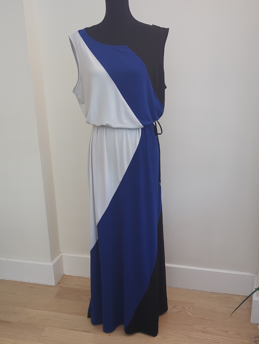 Studio One NY Color Block Diagonal Asymmetric Blue Black White Maxi Dress XL